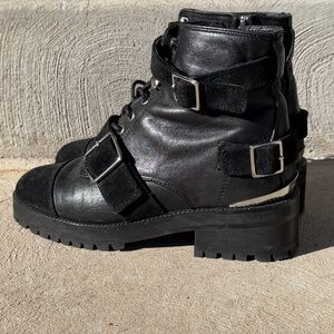 The Kooples Black Suede & Leather Lace-Up Ankle Boots with Buckles, sz 38